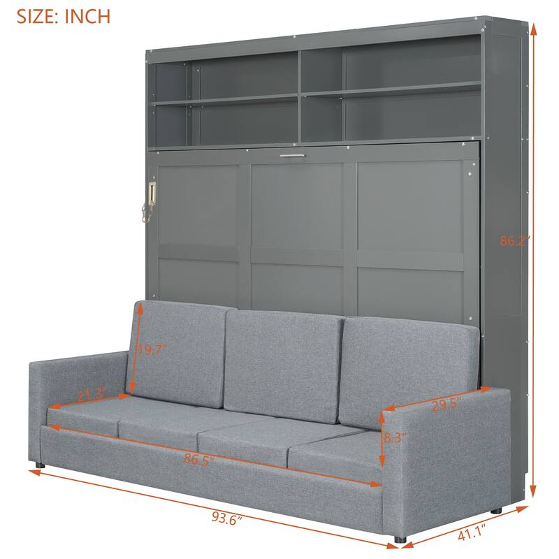 Queen Size Murphy Wall Bed with Sofa, Foldable Cabinet Bed with Storage, Dual Piston Lift, Space-Saving Design