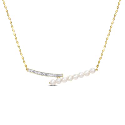 Miadora White Topaz and 4-4.5mm White Freshwater Cultured Pearl Necklace with Chain Yellow Silver