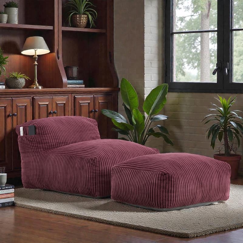 Large Memory Foam Bean Bag Chair for Adults, Corduroy Lounger Sofa with Ottoman - Wine Red
