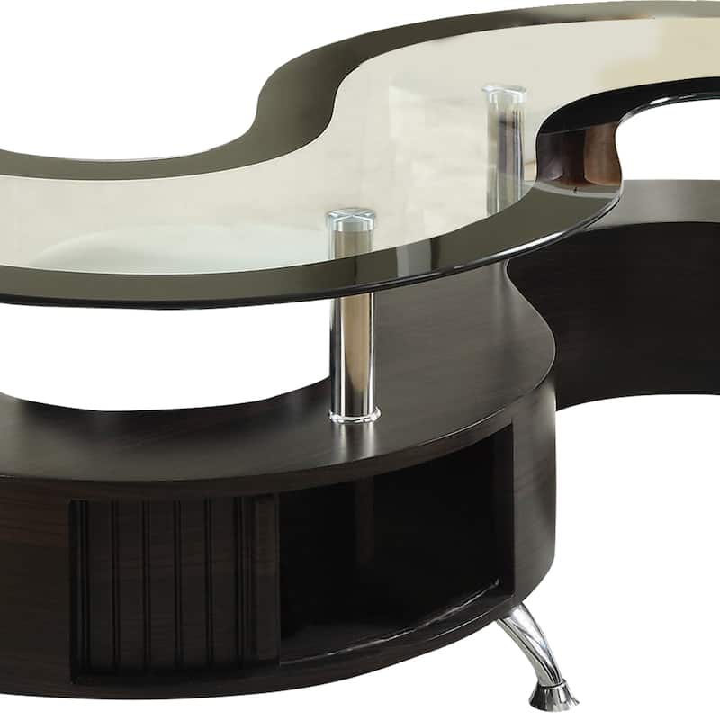 S Shape Contemporary Wood Base Coffee Table with Glass Top,Silver and Brown