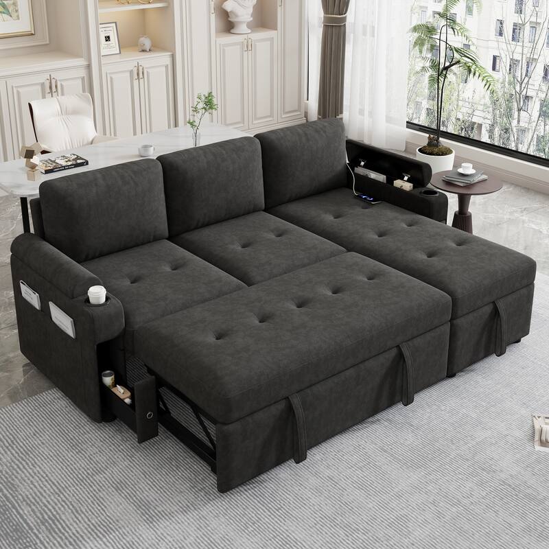 83.5" L-shaped Convertible Sofa Bed with Storage, Cup Holders & USB Ports, Black Chenille