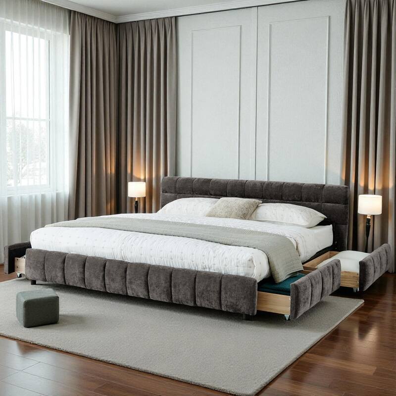 California King Upholstered Bed Frame with Chenille Fabric Headboard and Underbed Storage Drawers Modern Platform Bed