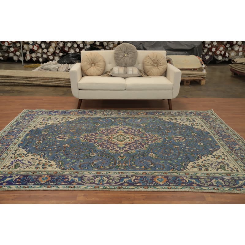 Hand Knotted Oriental 100% Wool Carpet Traditional Floral Navy Blue & Blues Tabriz Area Rug - 9' 4'' X 6' 9''