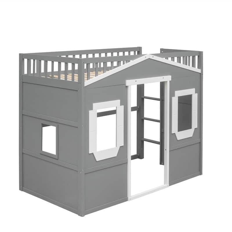 Solid Wood House Loft Bed with Window Design and Ladder, Twin/Full Size Playhouse Bed Loft Bed Frame with Guardrail for Kids