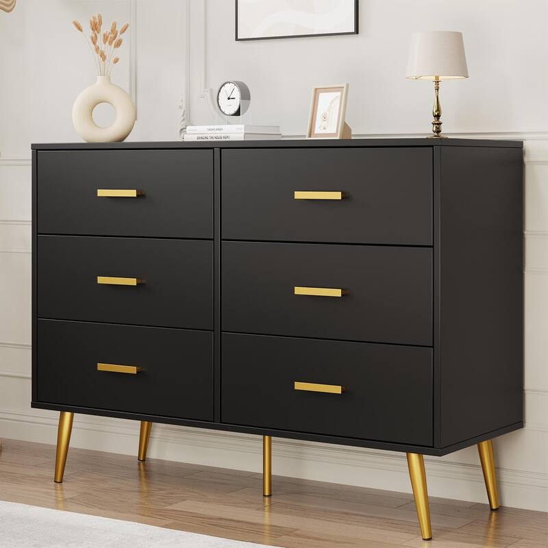 Modern Wooden 6 Drawer Dresser with Vintage Pattern Design