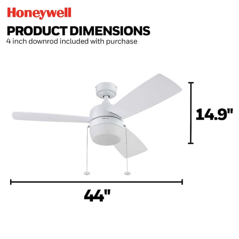 44" Honeywell Barcadero Matte Black Contemporary Indoor LED Ceiling Fan with Light, Pull Chain