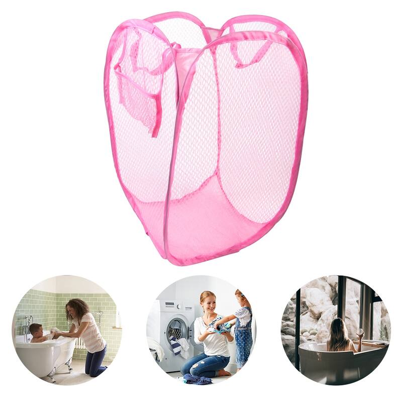 Washroom Nylon Pop up Clothes Bag Folding Mesh Storage Laundry Basket Pink