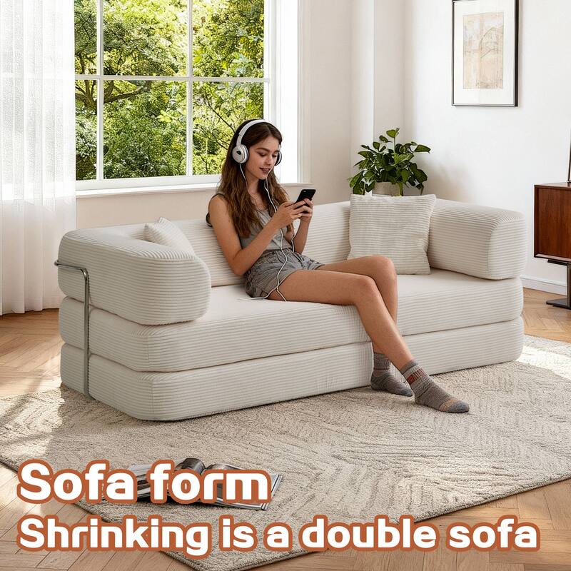 5-in-1 Modular Corduroy Floor Sleeper Sofa Bed Convertible Folding Compressed Couch with Movable Armrests for Living Room