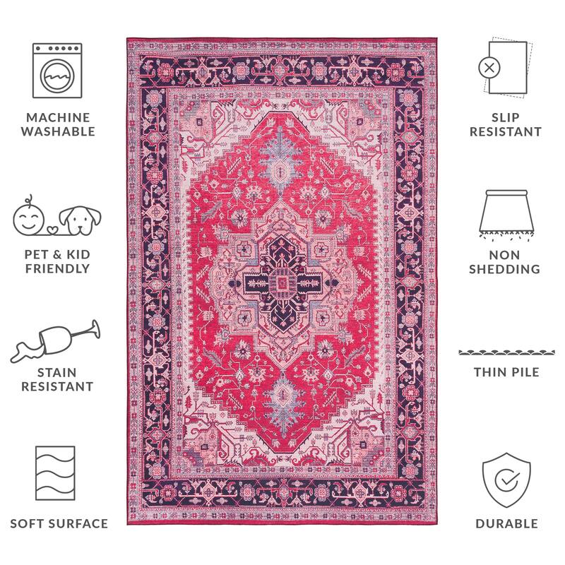 SAFAVIEH Tucson Machine Washable Slip Resistant Emmer Traditional Rug - 4' x 6' - Red/Navy