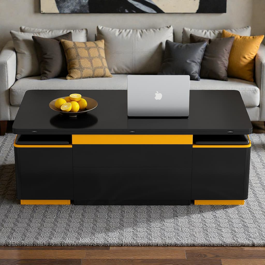 Lift Top Coffee Table with Storage Stools, High Gloss Modern Convertible Coffee Dining Table with Foldable Top