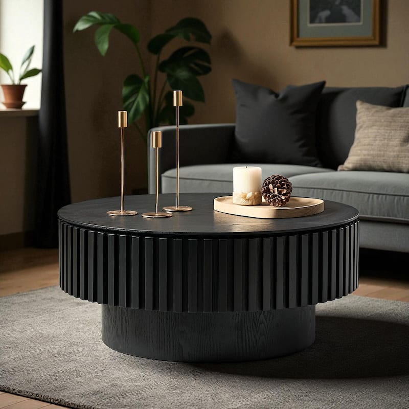 31.49'' Modern Round Coffee Table with Storage, Small Pedestal Coffee Table for Apartment or Living Room