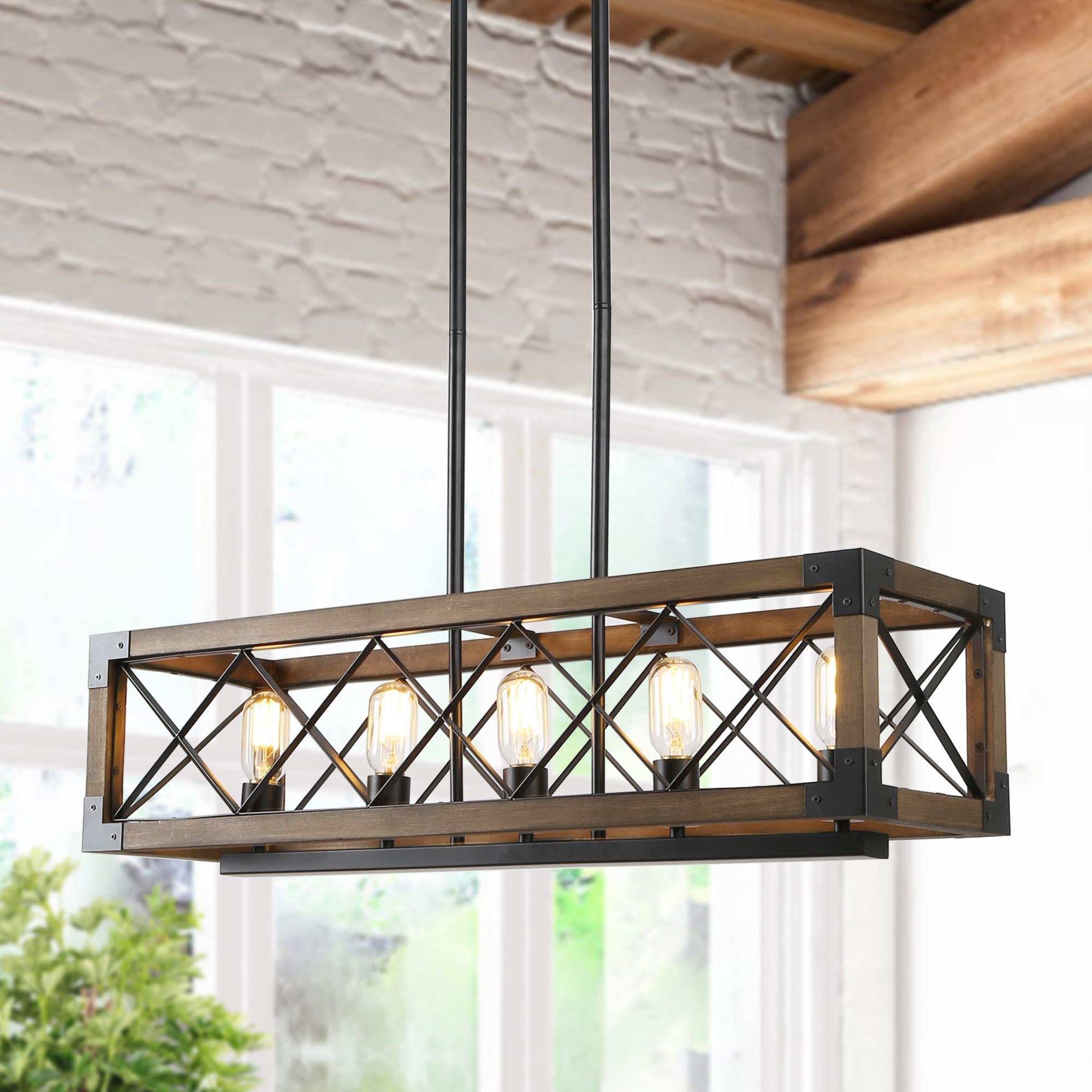 LALUZ Modern Farmhouse 5-Light Wood Linear Chandelier Lantern Black Kitchen Island Pendant
