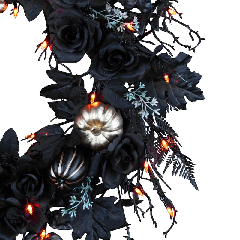 National Tree Company 24" Artificial Chic Eek Black and Gold Halloween Wreath, 40 Orange LED Lights, Battery Operated