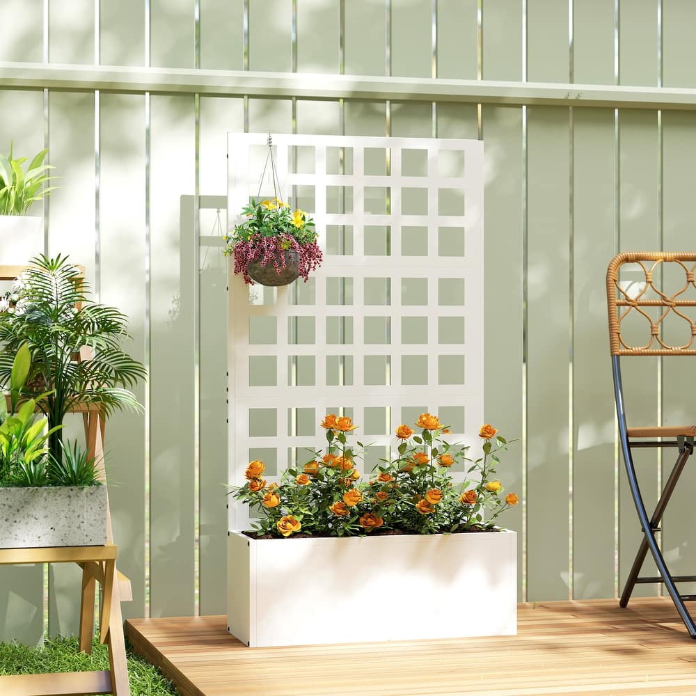 Outsunny Galvanized Raised Garden Bed with Trellis, Metal Planter Box with Drainage Holes