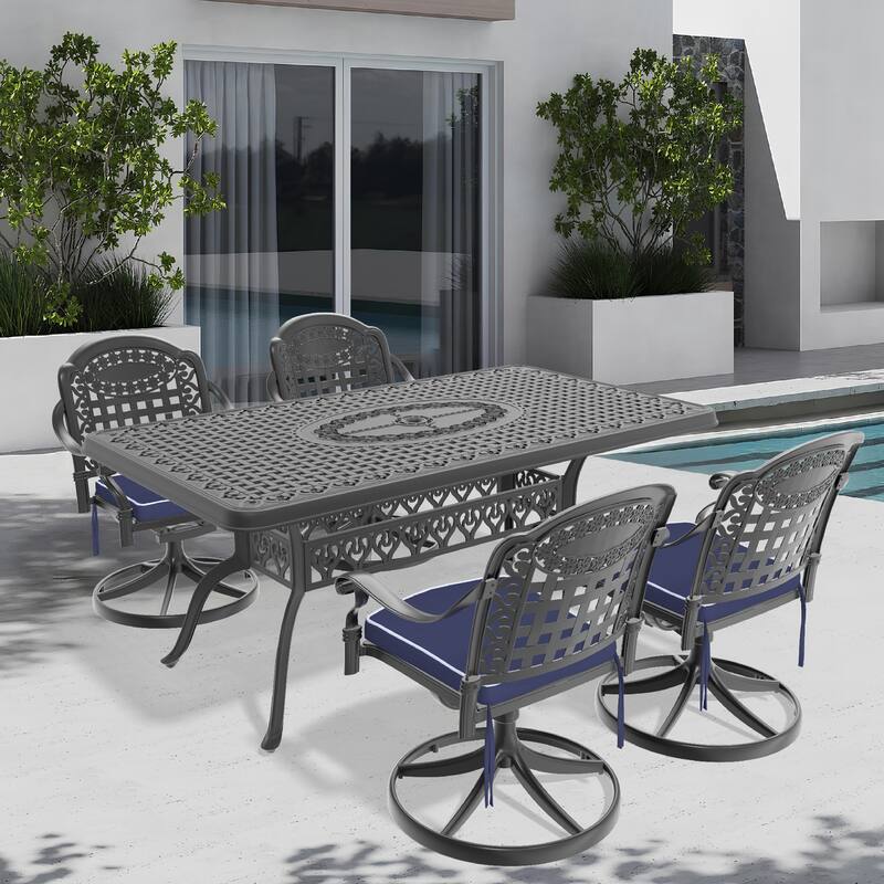 5-Piece Patio Dining Set, All-Weather Outdoor Furniture Set with Rectangular Table, 4 Swivel Rocker Chairs with Cushions - Black