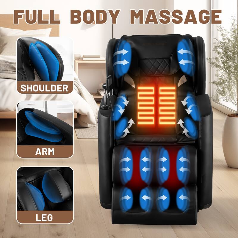 Black Zero Gravity Full Body Massage Chair with Air Pressure, Heated Foot Rollers, Bluetooth Connectivity and Reclining Function