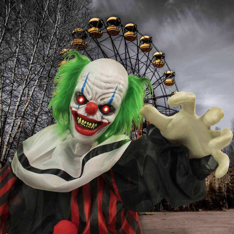 Life-Size Animatronic Crouching Clown with Lights and Sound, Indoor or Covered Outdoor Halloween Decoration