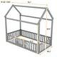 dimension image slide 1 of 2, Twin Size House-Shaped Floor Bed Frame, Distressed Washed Wood Bed Frame with Fence and Door, Semi-Enclosed Design