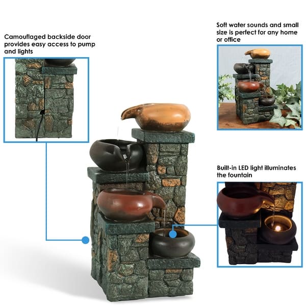Sunnydaze Tiered Pitchers on Steps Tabletop Water Fountain with LED 10Inch Bed Bath