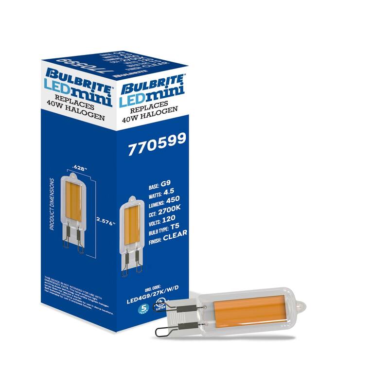 Bulbrite LED Filament Pack of (4) 4.5 Watt Mini T5 Light Bulbs with Clear Finish and Bi-Pin (G9) Base - Warm White Light