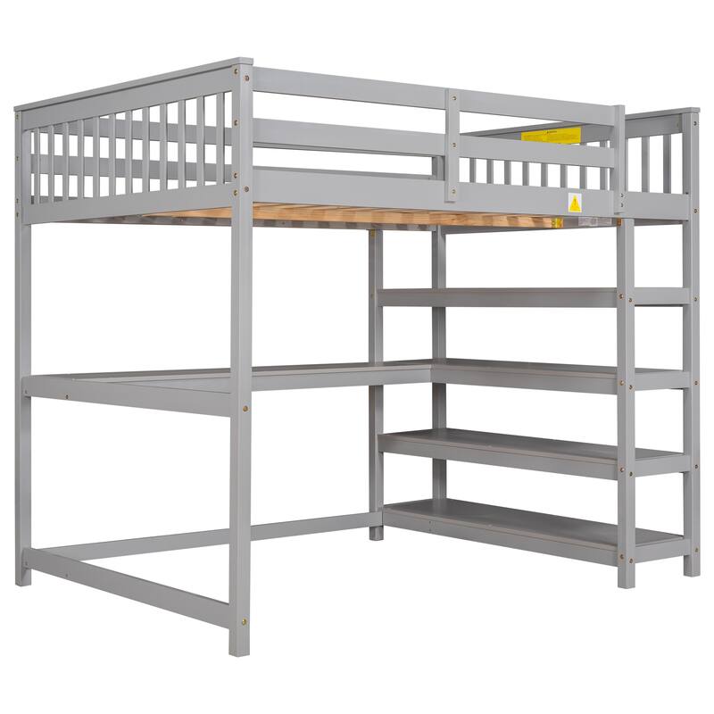 Full Size Loft Bed with Storage Shelves and Under-bed Desk in Gray