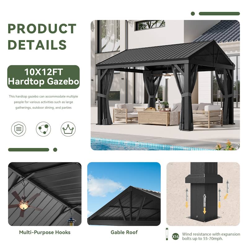 10' X 12'Aluminum Outdoor Gazebo with Galvanized Steel Gable Roof Canopy
