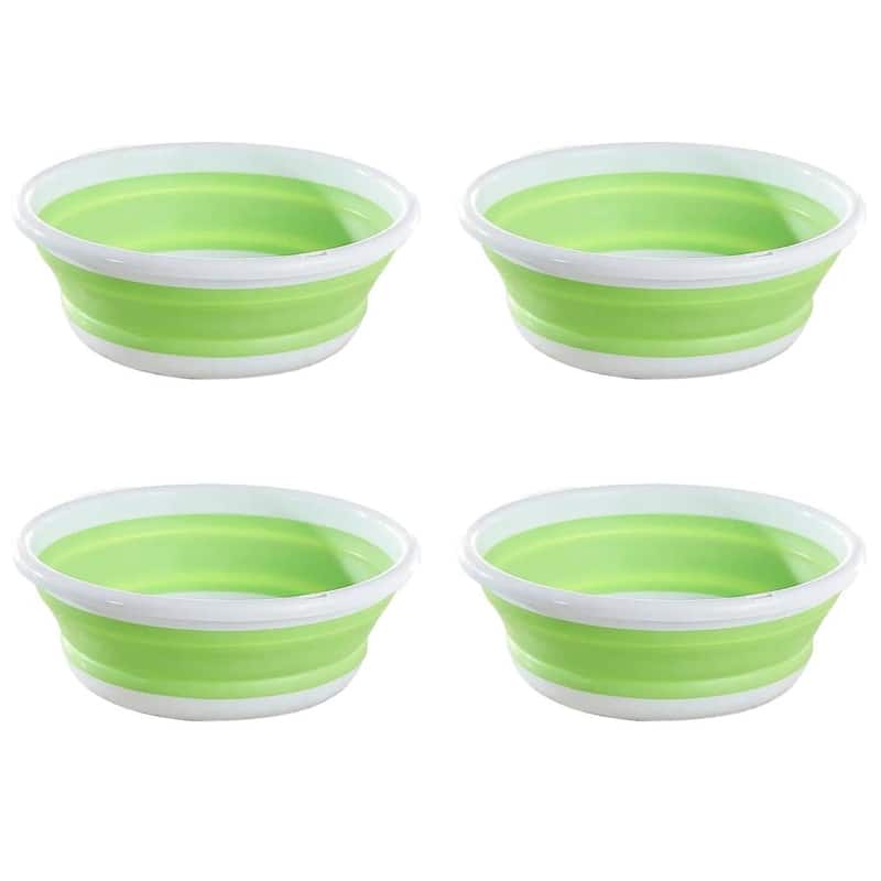 Plastic Round Collapsible Washbasin Dishpan Collapsible Saving Space, 5.5 Quart - Pack of 4 - Green