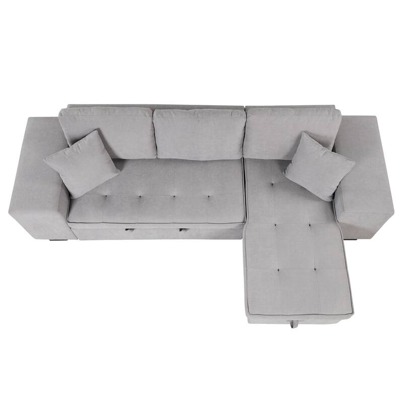 Modern L-Shape 3 Seat Reversible Sectional Couch, Pull Out Sleeper Sofa with Storage Chaise and 2 Stools