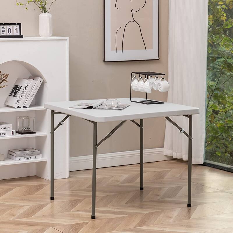 BTEXPERT 5 Piece Folding Card Table Set, 34" Square Granite White Plastic Table 4 Adult Chairs for Party Home Indoor Outdoor