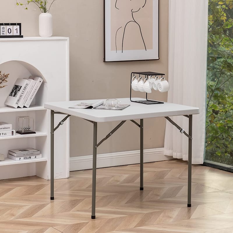 BTExpert 5 Piece Folding Card Table Set, 34" Square Granite White Plastic 4 Adult Chairs for party home indoor outdoor