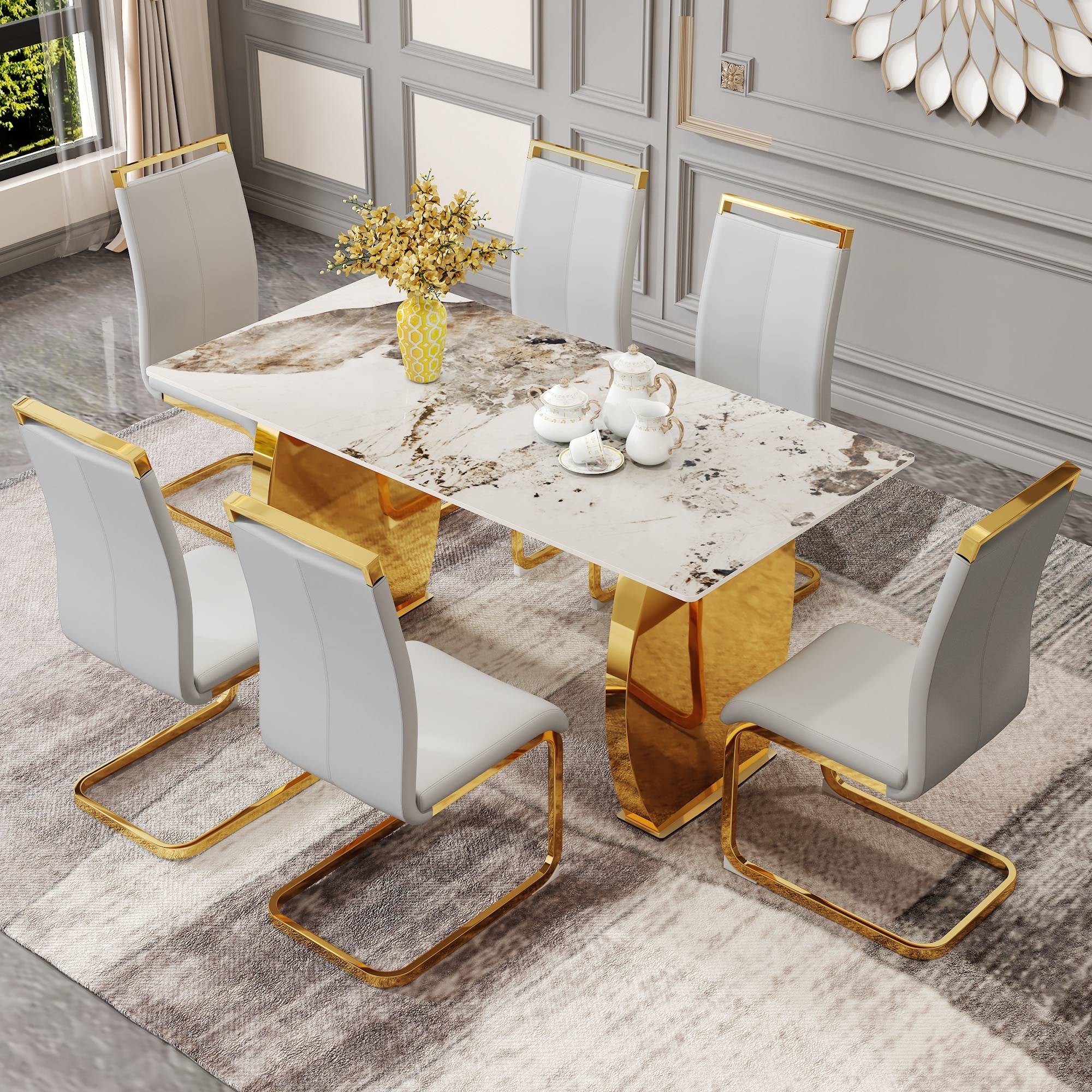 Kitchen Dining Table Set Mid-Century Dining Table Set 7-Piece with Gold Metal Table Legs and Rock Plate Table Top for Kitchen