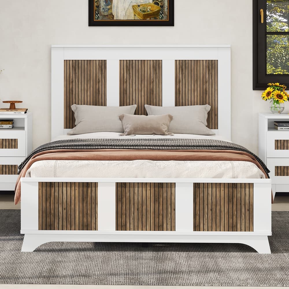 Farmhouse Wooden Platform Bed with Wooden Strip Decoration and Plywood Slats Support