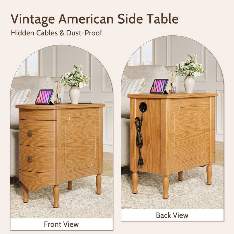 Rossetta Vintage Style Slim Narrow End Table with Convenient Charging Station and Deep Drawers, Easy Assembly