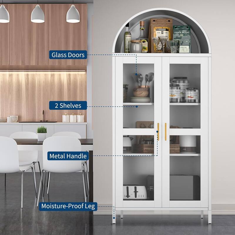 73'' Tall Metal Arched Cabinet, Modern Arch Kitchen Pantry Storage Cabinet with Glass Doors