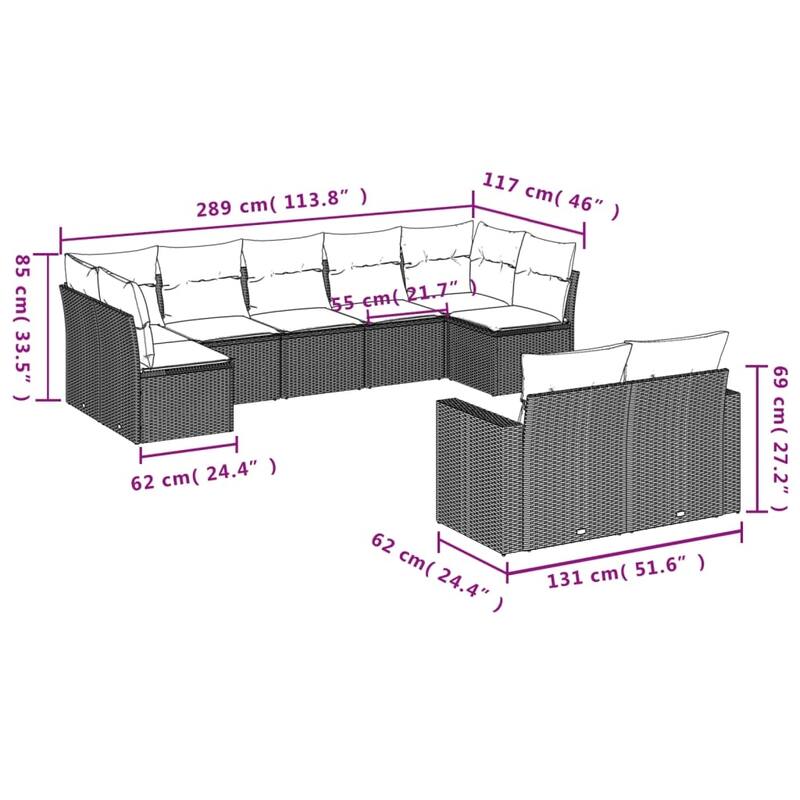 vidaXL Garden Sofa Set Grey PE rattan Large UV-resistant materials - 24.4 x 25.8 x 27.2