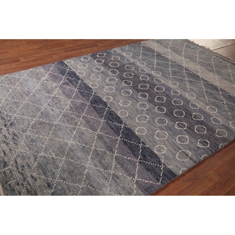 Grays & Blues Trellis Moroccan Oriental Rug Hand-Knotted Wool Carpet - 5'11"x 9'8"