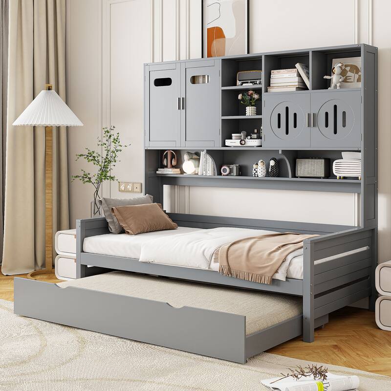 Full Size Wood Daybed with Built-in Storage Cabinet, Open Shelves & Twin Trundle Bed, Space-Saving Multi-Functional Frame - Gray Gray - Twin