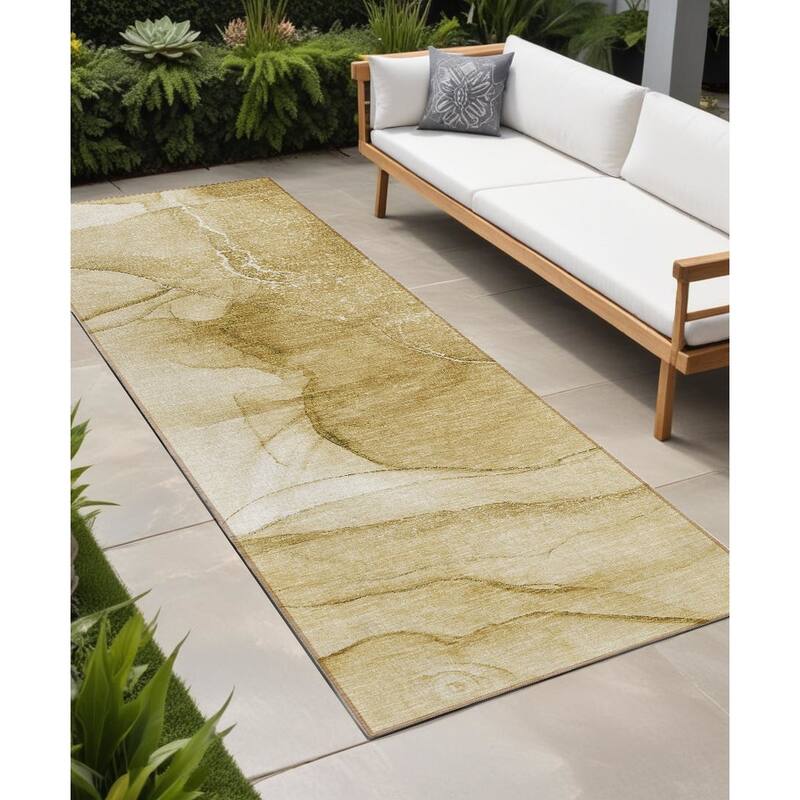 Elfi Artistic Abstract Weather Resistant Timeless Fusion Outdoor Rug - 8' Runner - Beige