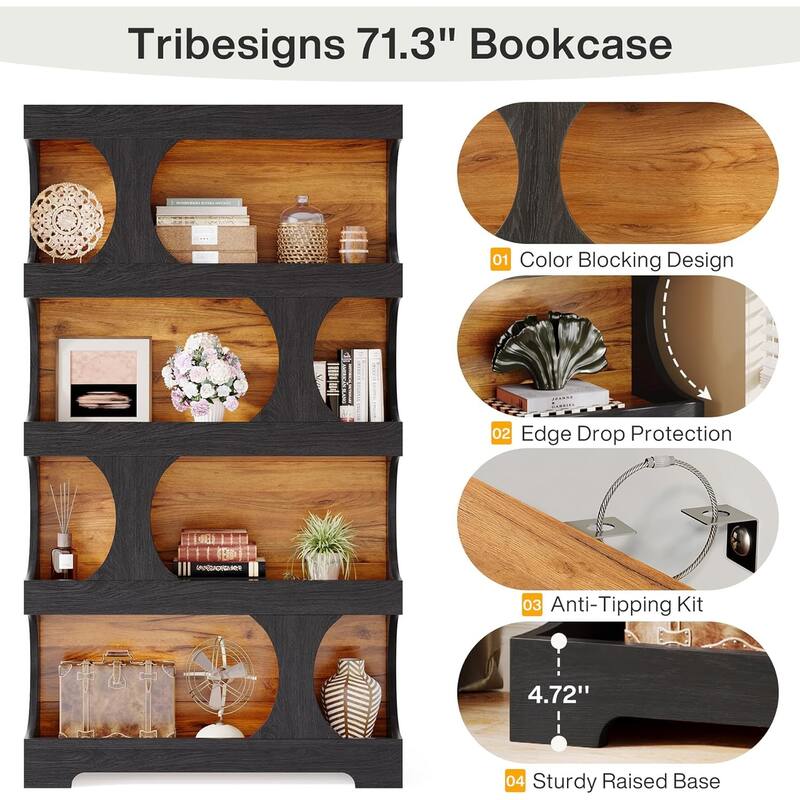 71" Tall Bookcase, 4-Tier S-Shaped Bookshelf, Wood Decorative Storage Shelving