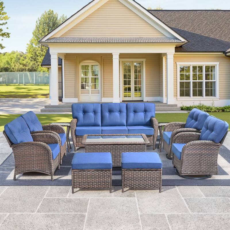 10 Pieces Pocassy Sofa Chairs Ottoman with Swivel Chairs - Brown Wicker & Grey Cushion