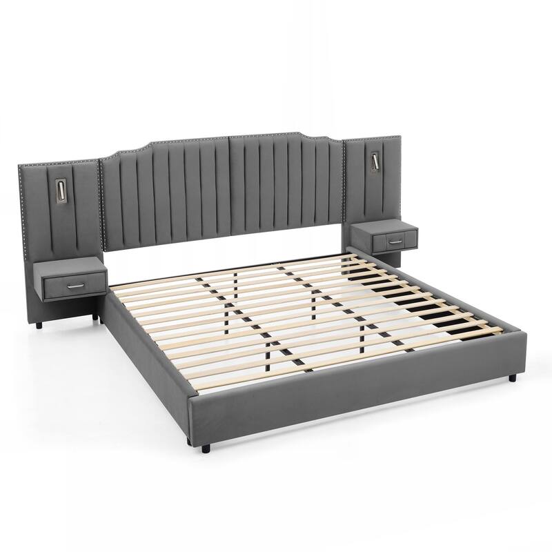 King Size Upholstered Bed Frame with Velvet Fabric