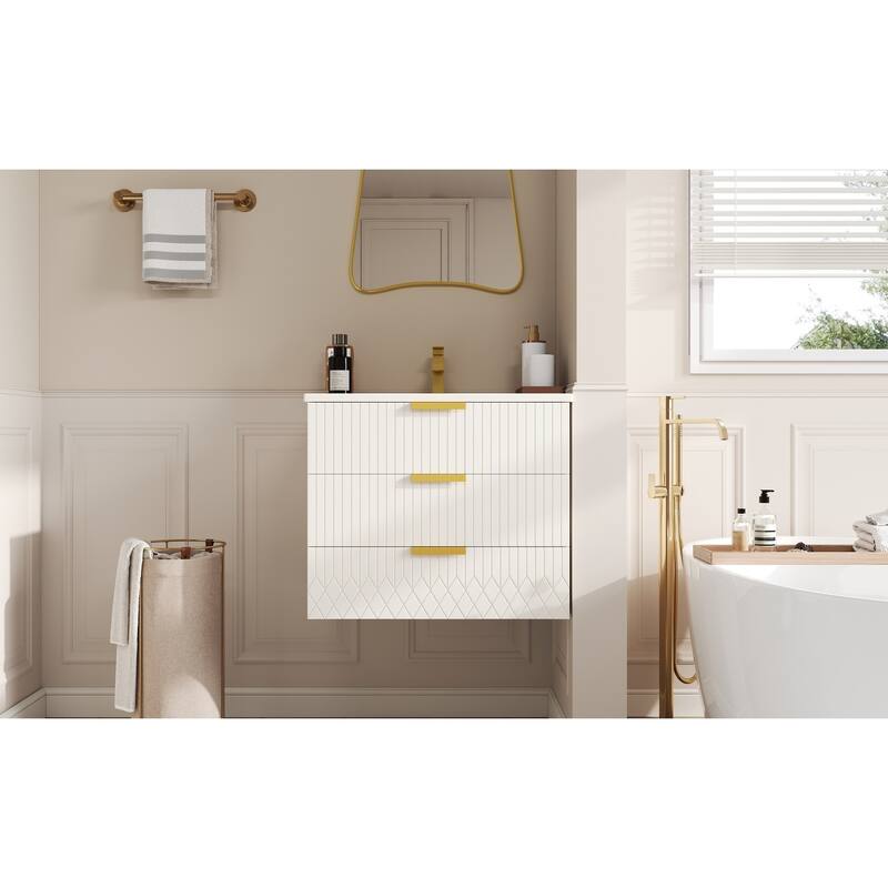 24'' Wall Mounted Bathroom Vanity with Ceramic Sink, Floating Bathroom Cabinet with 2 Drawers, Small Bathroom Storage Cabinet