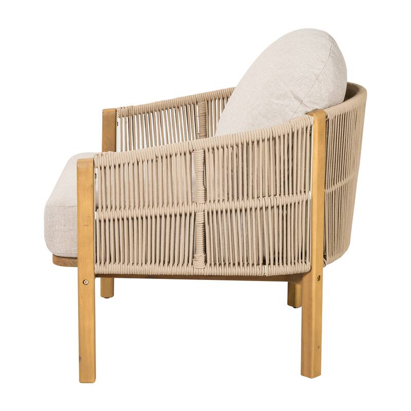 Roomfitters Grotta Outdoor Acacia Wood Club Chair with Rope Woven Back, Teak Finish and Beige