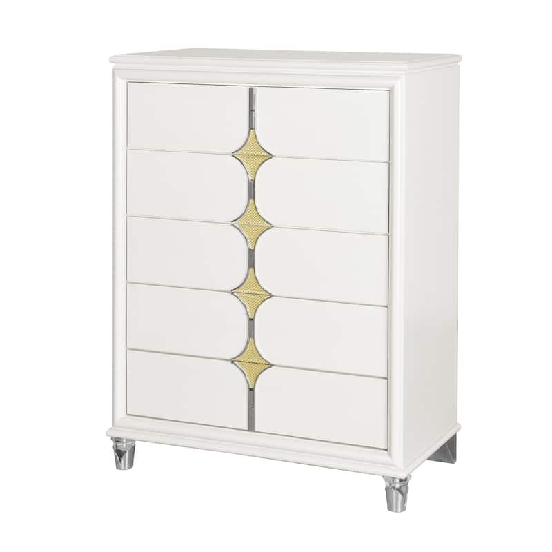 HomeRoots 37" White Wood With Gold Faux Crystal Bling Wood Five Drawer Dresser