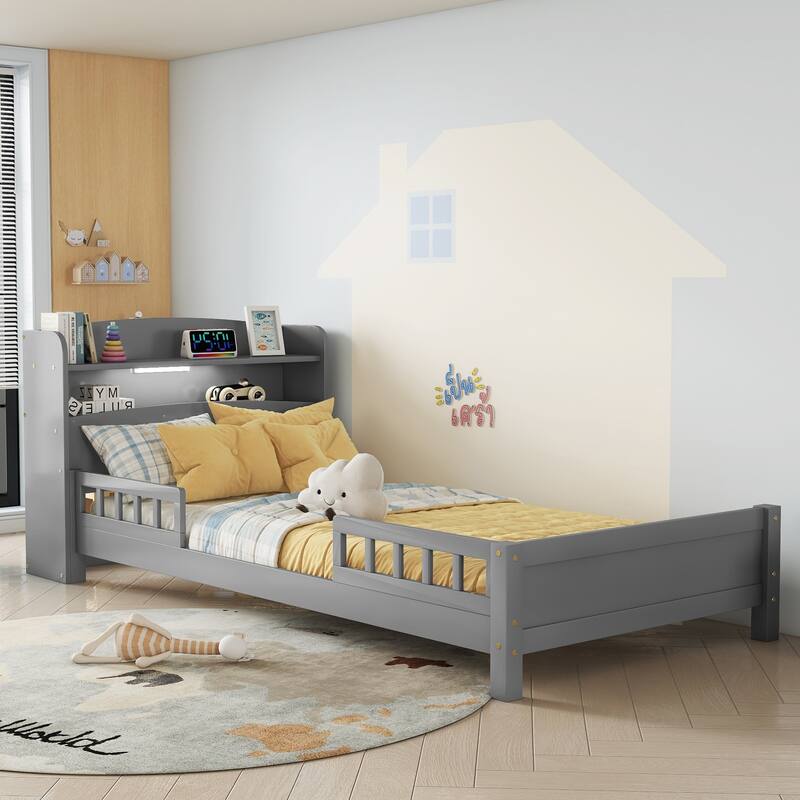 Twin Bed with Bookcase Headboard, Motion Sensor LED Light & Adjustable Guardrails, Solid Pine Wood Frame for Kids or Teens