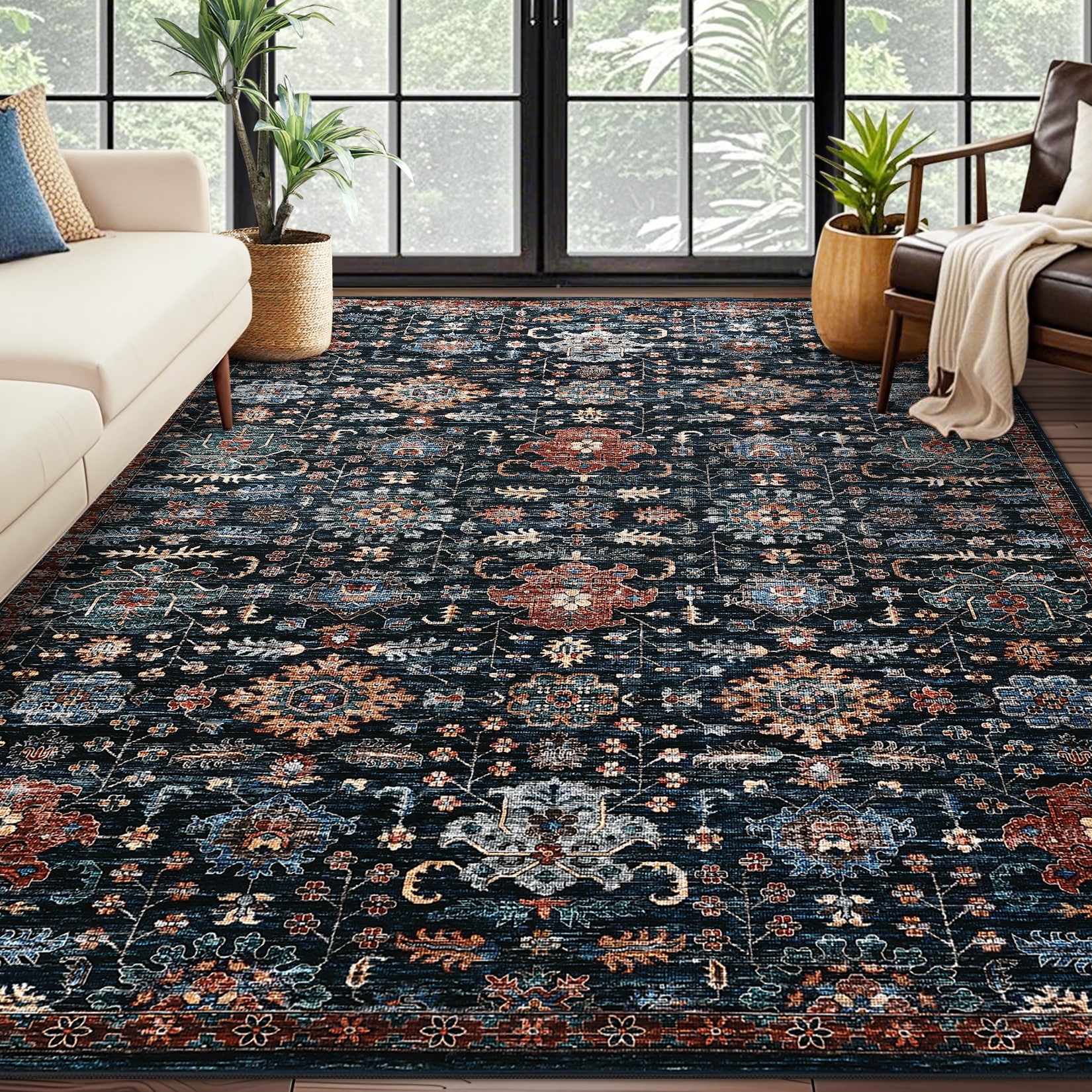 Traditional Floral Area Rug Soft Vintage Oriental Non Slip Floor Carpet for Bedroom Living Room