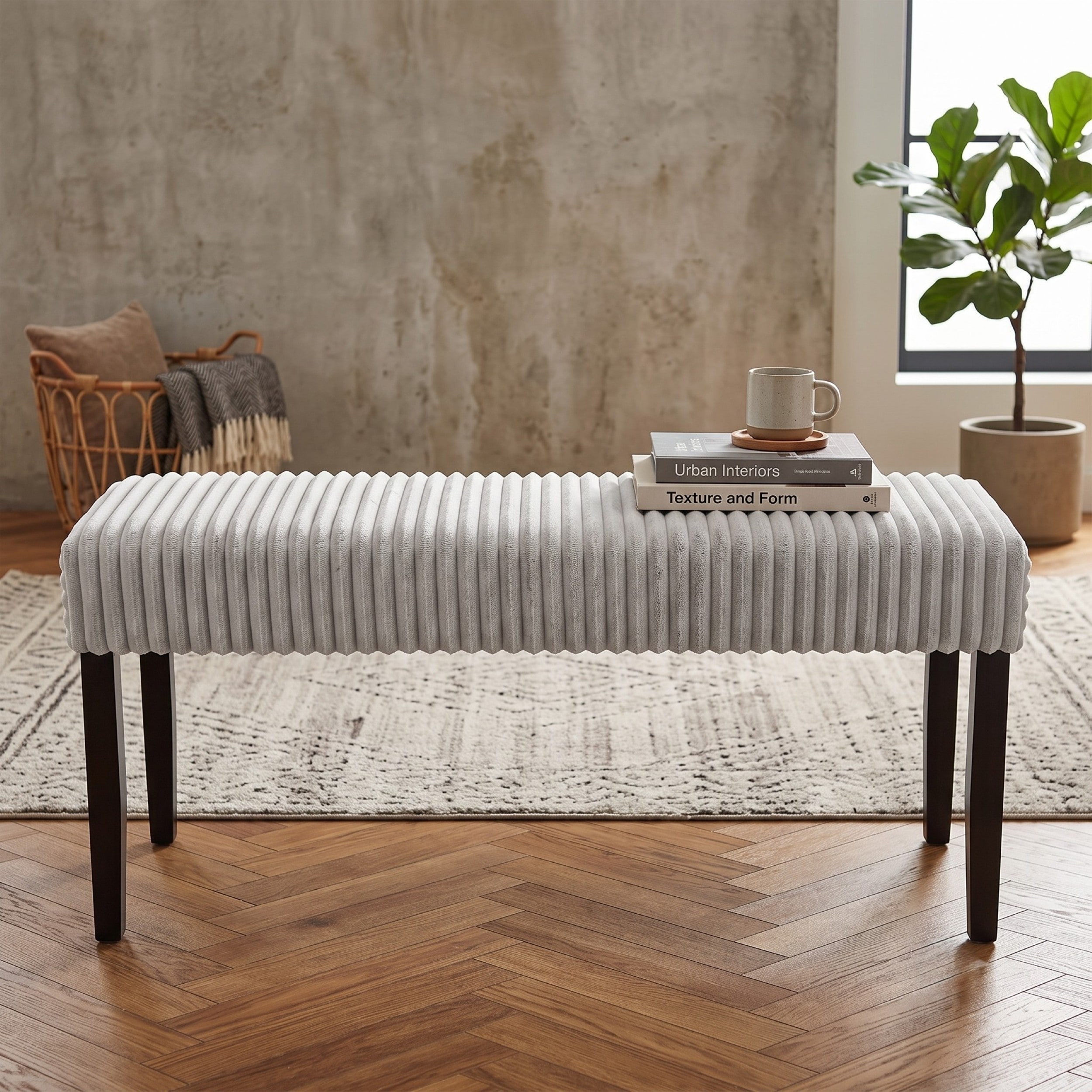 Clayfell Guymon Modern Rectangular Upholstered Dining Bench with Corduroy Fabric and Wood Legs