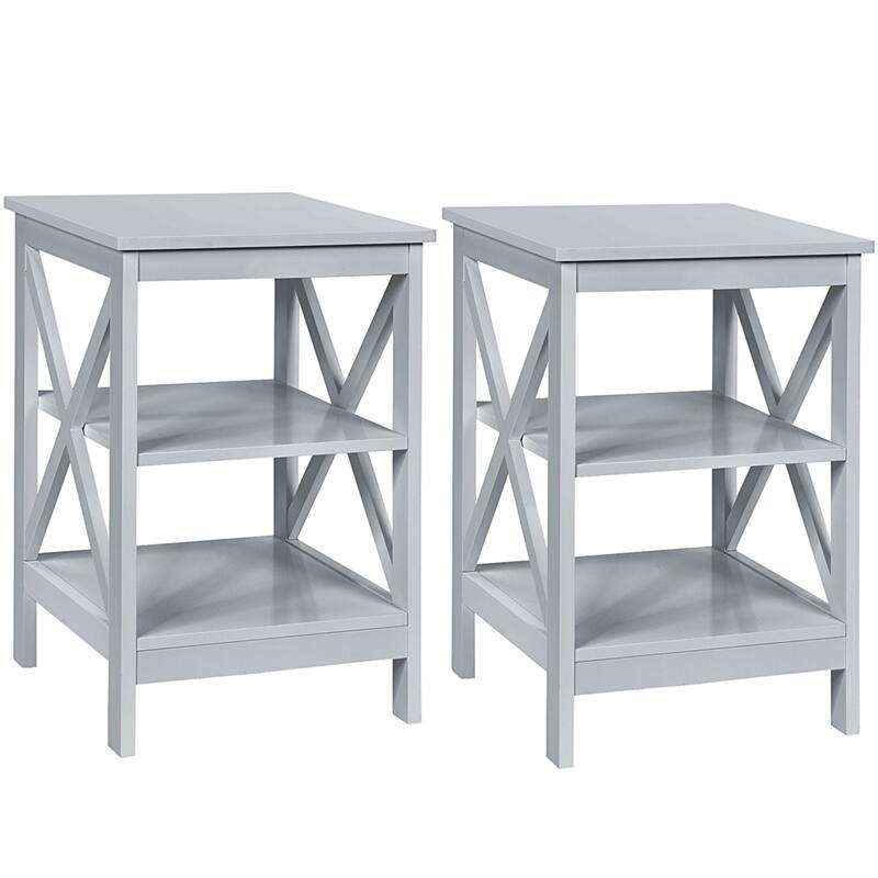 Gymax 2 PCS 3-Tier Nightstand End Table X Design Storage Display Shelf - Grey