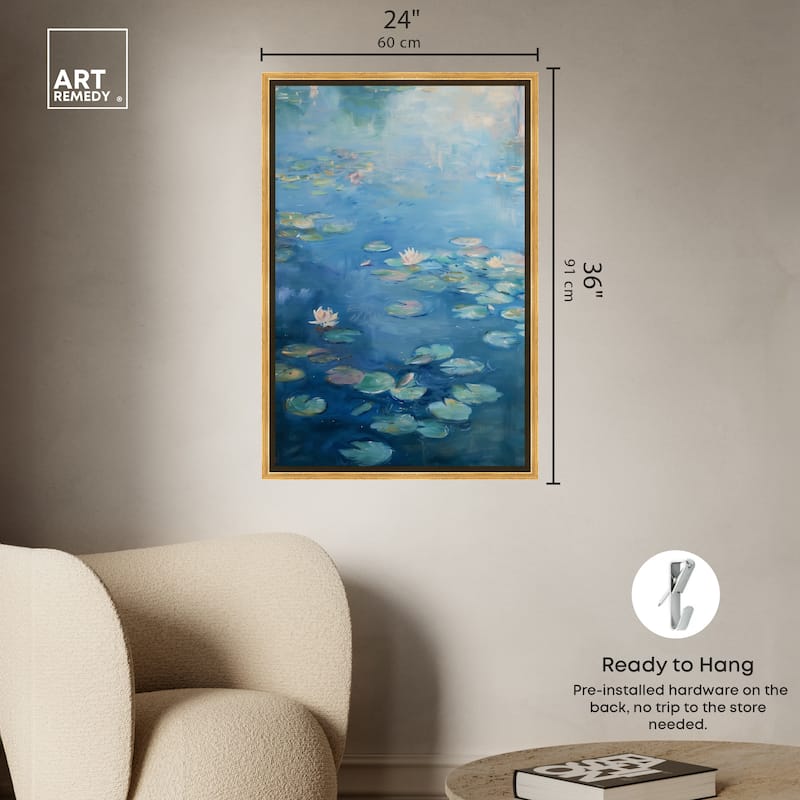 Art Remedy Lilypads In Blues Framed Impressionism 1 Piece Canvas Wall Art /Monet And Van Gogh Inspired Art