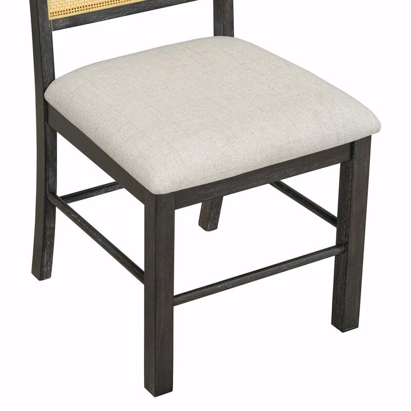 7-Piece Farmhouse Dining Table Set for 6 - 59.8" Rectangular Table with Distressed Oak Veneer & 6 Rattan Chairs